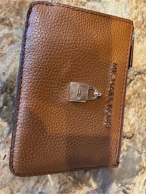 Michael Kors Cognac Pebbled Leather Zip Card Holder with Padlock Accent